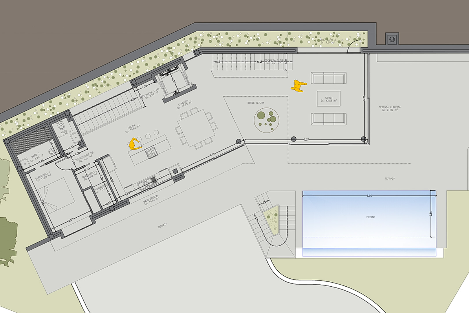 Detailed architectural floor plan of the ground floor featuring an open-concept living area, kitchen with island, en-suite bedroom, and a large terrace with a private pool.