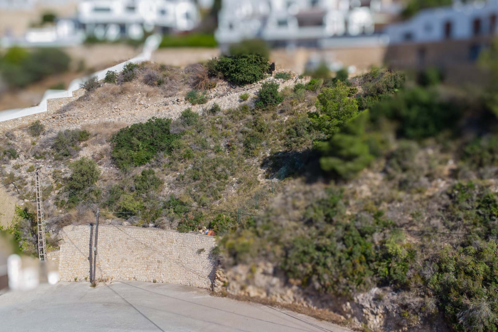 Elevated urban plot in El Portet featuring natural stone retaining walls and native Mediterranean vegetation adjacent to a paved access road.