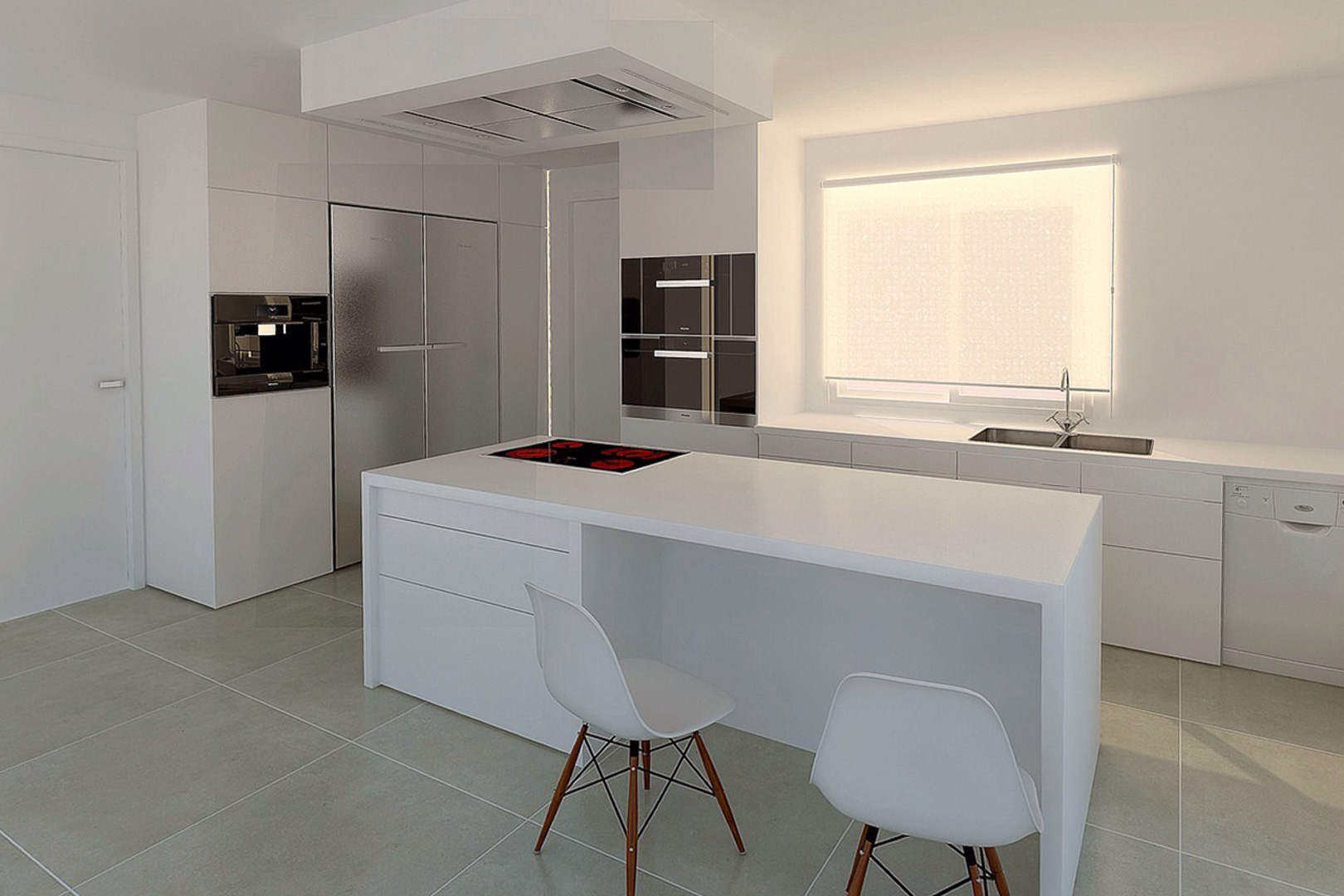 Minimalist modern kitchen featuring a central island with induction cooktop, integrated high-end appliances, and sleek white cabinetry with large format flooring.