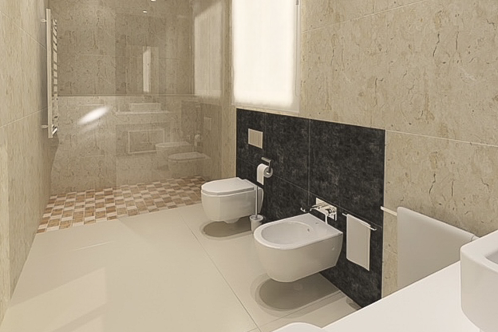 Modern bathroom featuring wall-hung toilet and bidet against a dark accent wall, walk-in shower with checkered tile floor, and marble-effect wall cladding.