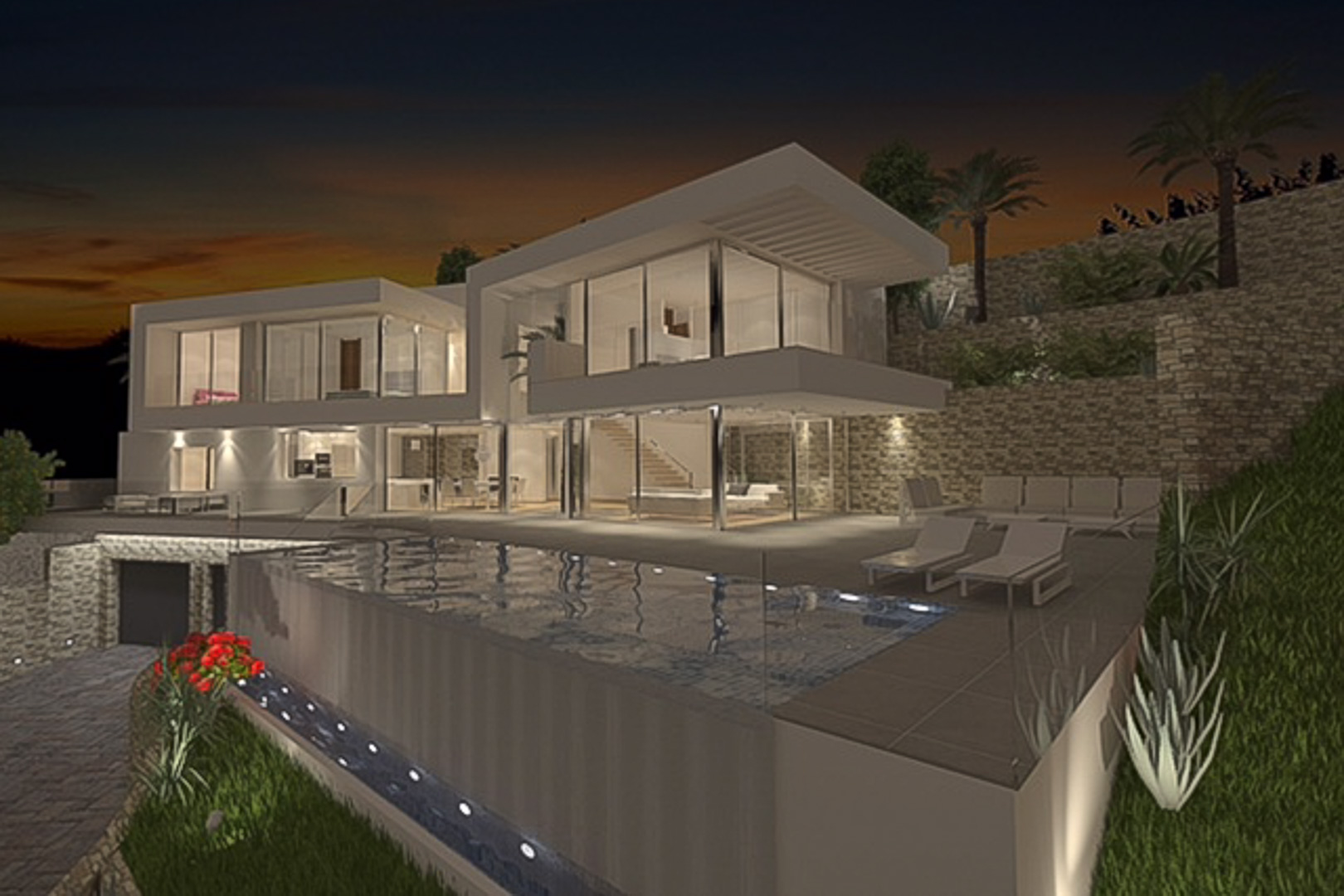 Night view of the modern villa project featuring an infinity pool with glass railings, floor-to-ceiling windows, and terraced stone walls.