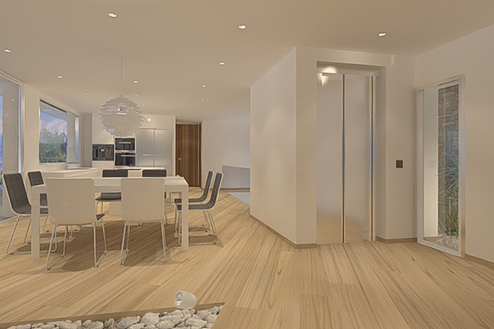 Open-plan living and dining area with light wood floors, recessed lighting, and a private elevator. Features a modern dining set and integrated stainless steel appliances.