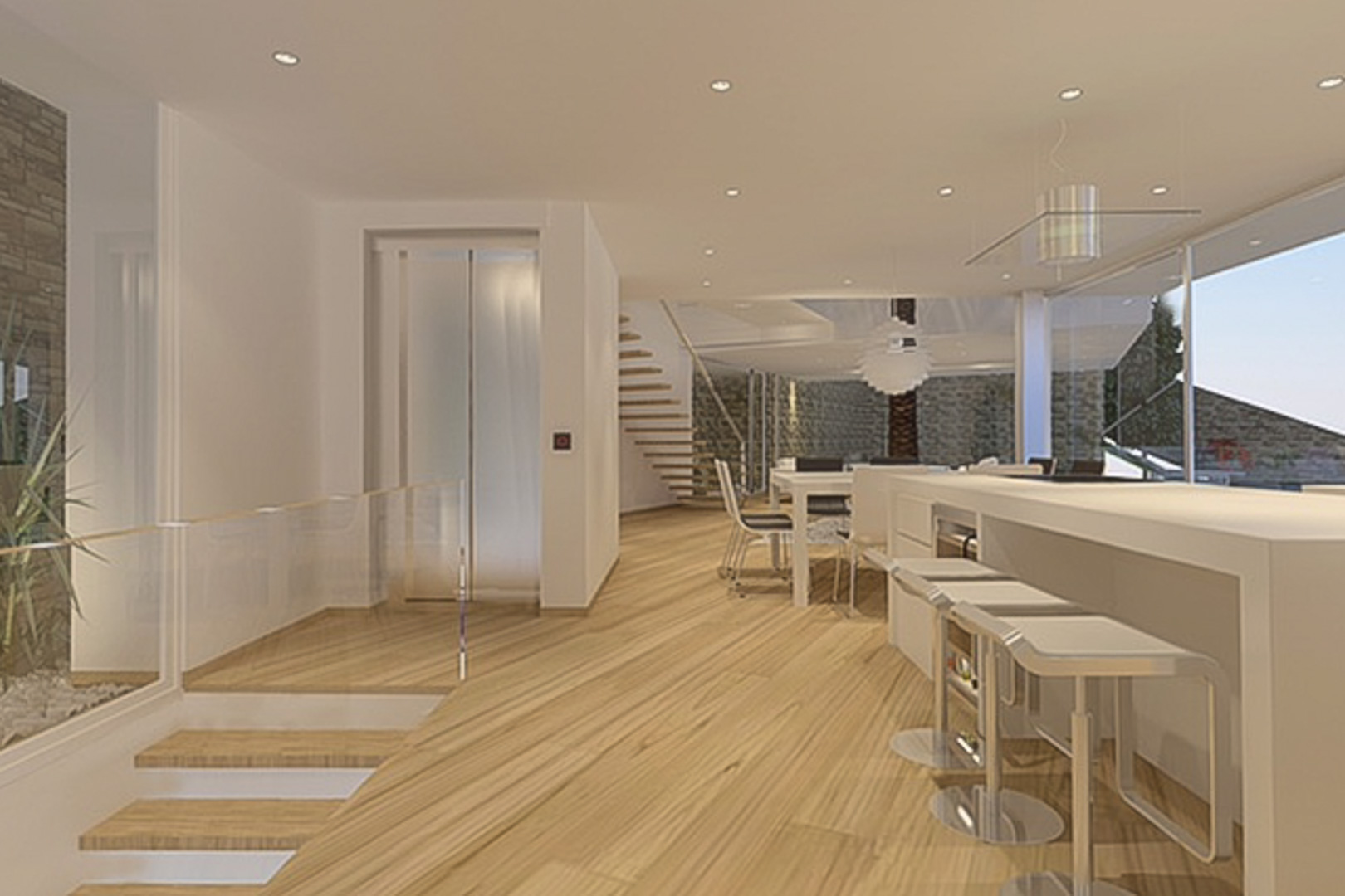 Open-plan living area featuring a modern kitchen island, glass elevator, and floating wooden staircase. Natural stone walls and recessed lighting complement the wood flooring.