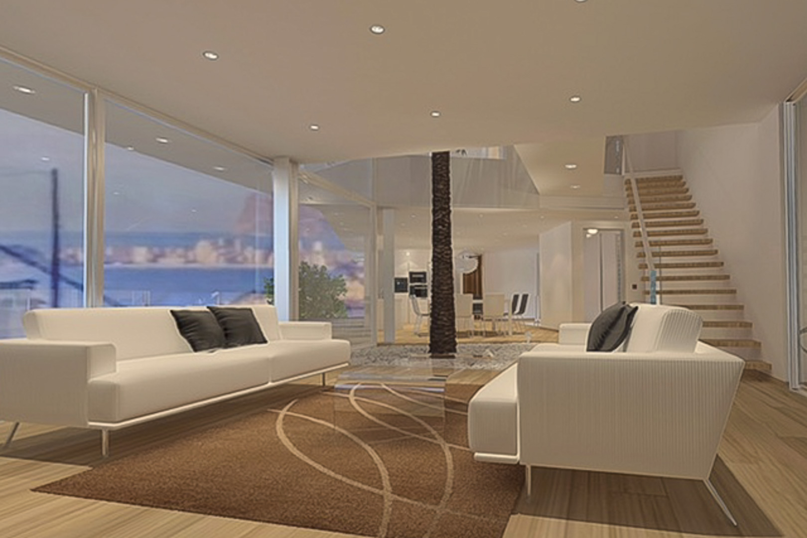 Open-plan living area featuring floor-to-ceiling windows with sea views, wooden flooring, a central palm tree atrium, and recessed ceiling spotlights.