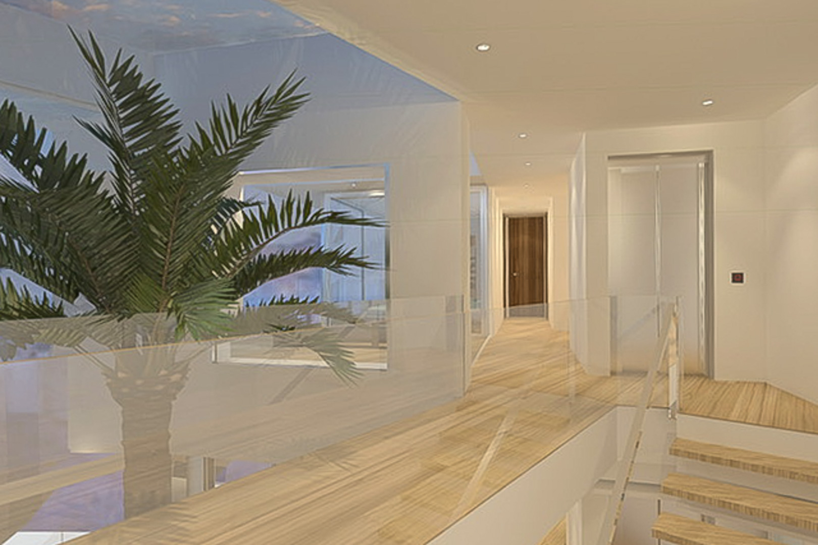 Upper floor landing featuring light wood flooring, glass balustrades, and a private elevator. A central glass atrium houses a palm tree, complemented by recessed ceiling lighting.