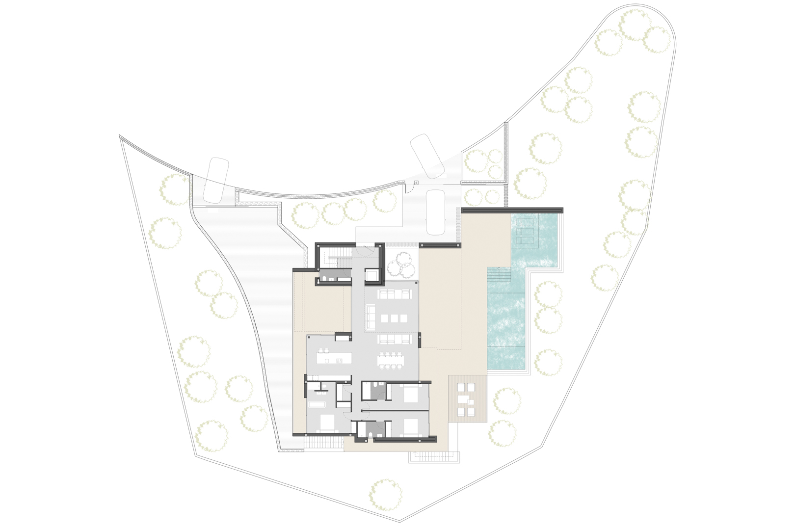 Architectural ground floor plan showing the open-plan living area, three bedrooms, extensive terracing, and a large L-shaped pool within the plot.