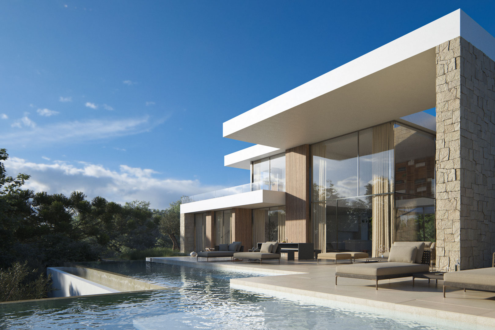 Contemporary exterior featuring a multi-level infinity pool, natural stone walls, and expansive floor-to-ceiling glazing connecting the living areas to the terrace.