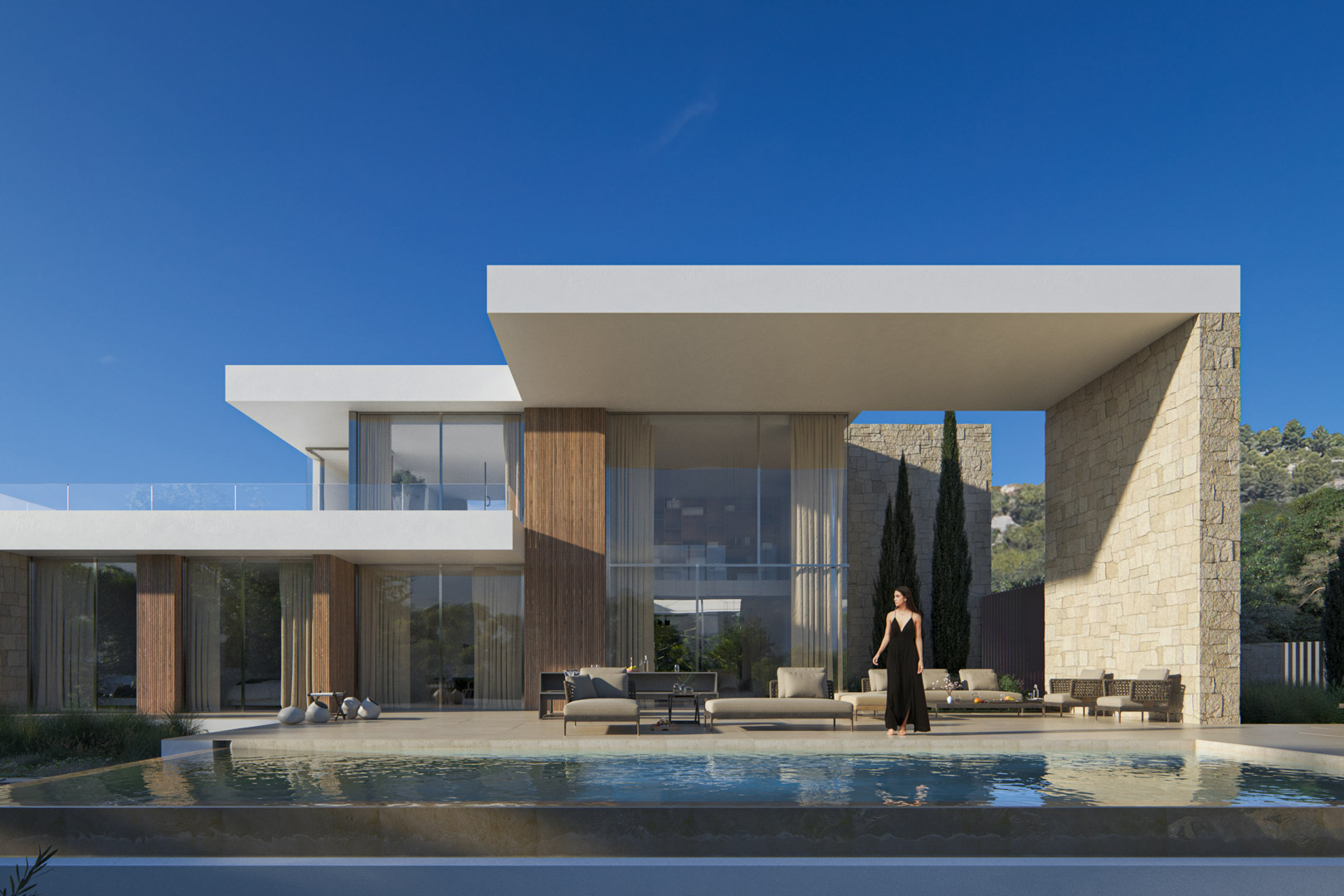 Contemporary facade featuring an infinity pool, large cantilevered porch, and natural stone and wood cladding. Floor-to-ceiling windows connect the interior with the terrace.