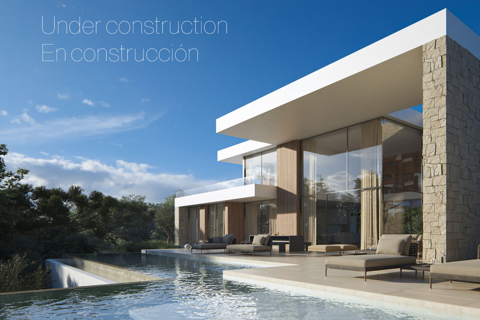 Contemporary facade featuring expansive glass walls, natural stone cladding, and an infinity pool integrated into a sun terrace with designer loungers.