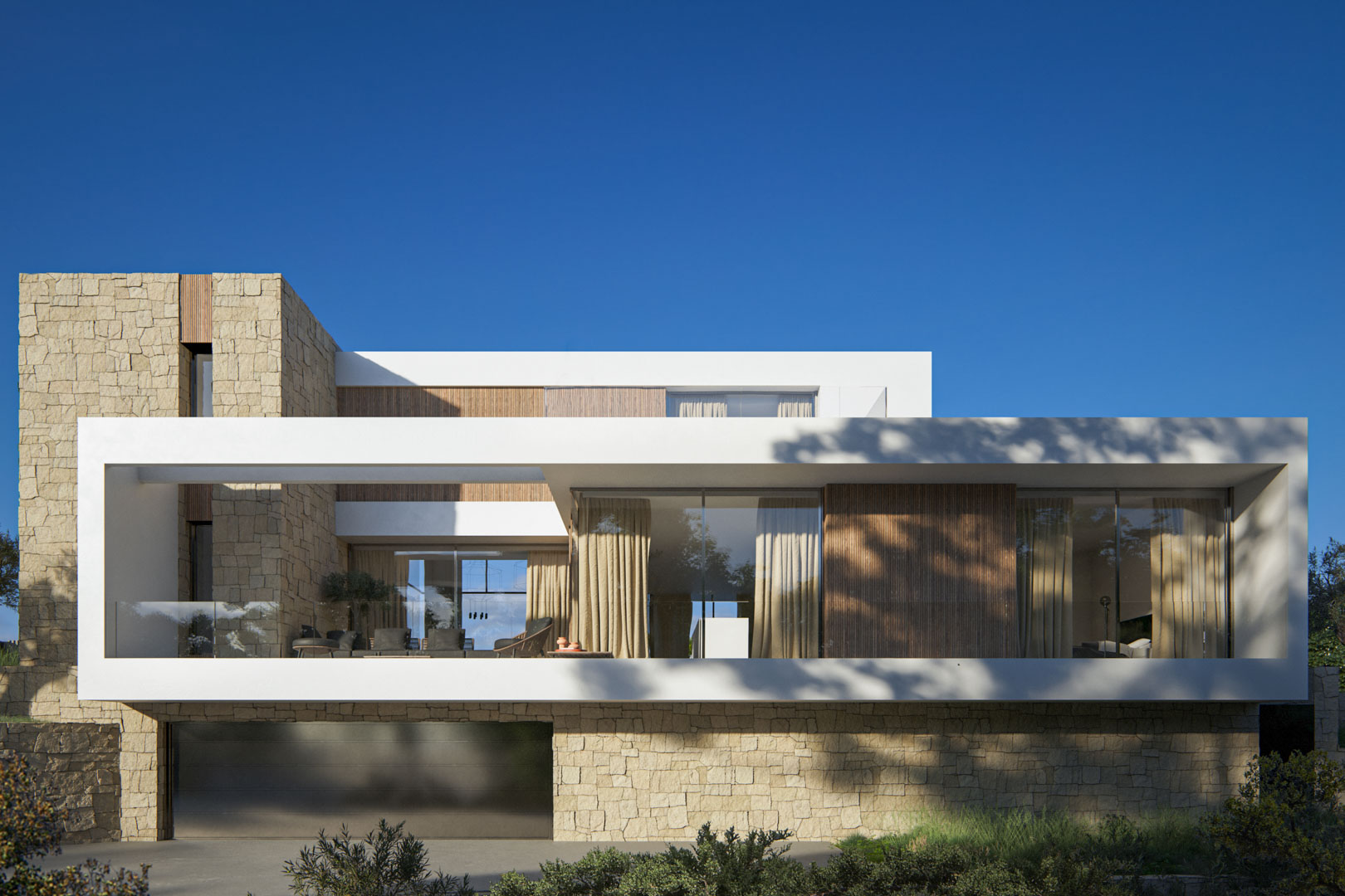 Contemporary facade featuring natural stone walls, vertical wood cladding, and expansive glass windows with glass balustrades.