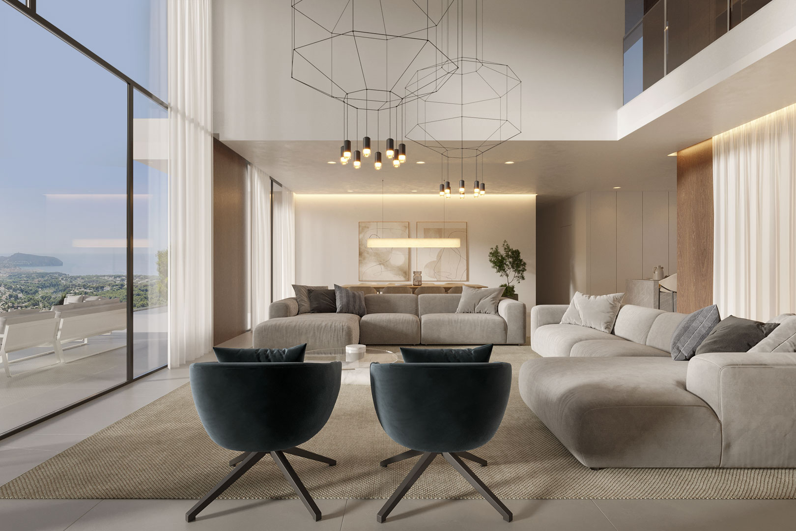 Double-height living area with floor-to-ceiling windows overlooking the sea, featuring geometric pendant lighting and minimalist contemporary furniture.