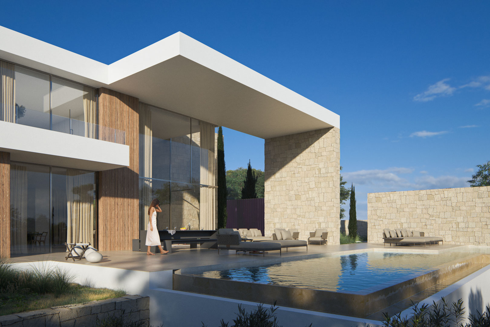 Exterior facade featuring a cantilevered porch, natural stone walls, and an infinity pool. Floor-to-ceiling windows connect the interior living space to the terrace.