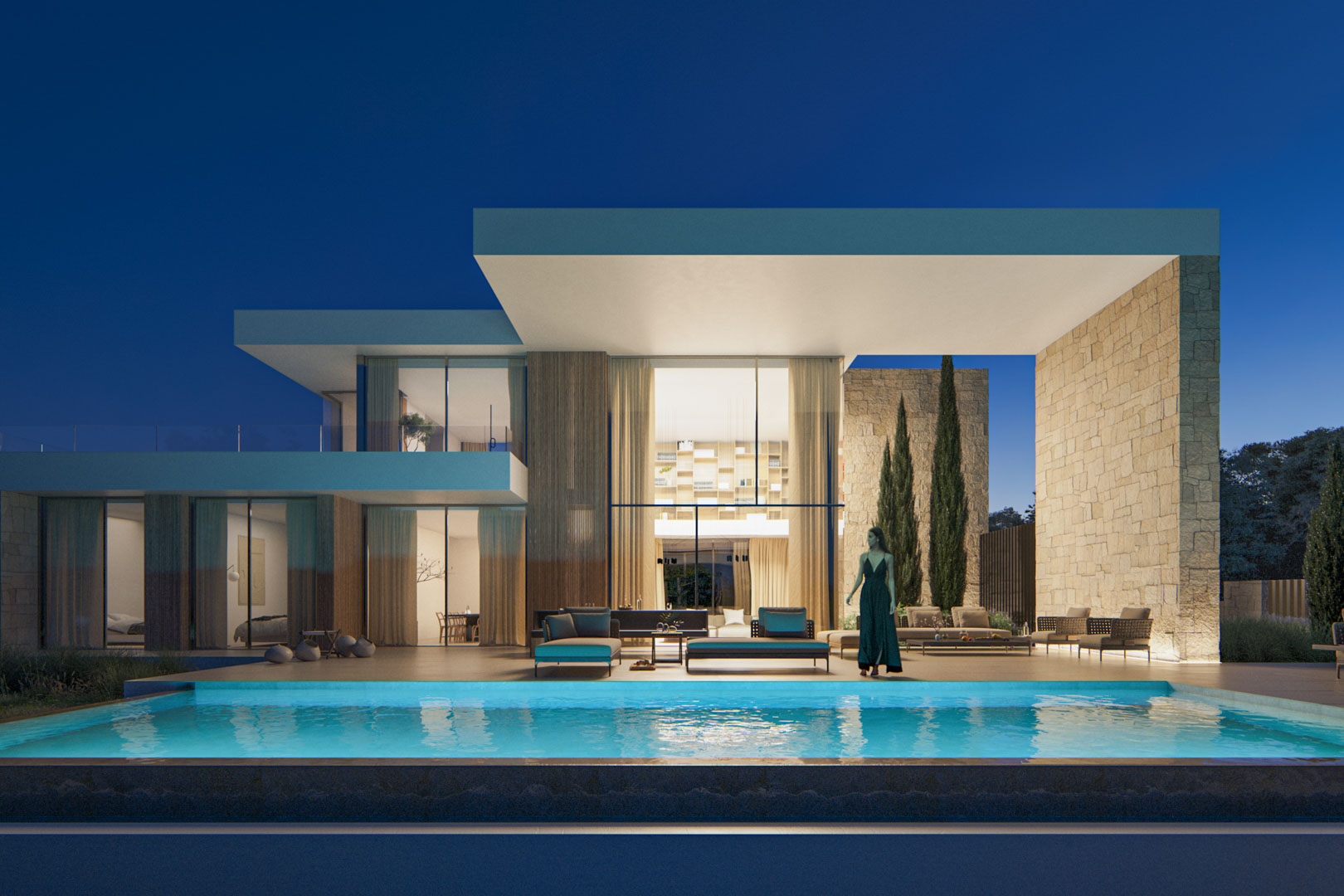 Exterior night view featuring an illuminated infinity pool, double-height glass facades, and natural stone walls under a contemporary cantilevered roof.