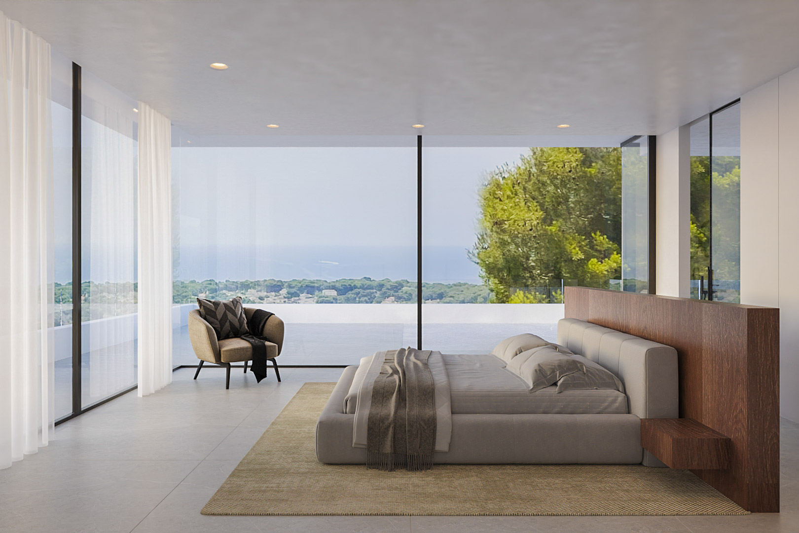 Master bedroom featuring floor-to-ceiling glass walls with sea views, a wooden partition headboard, and minimalist interior design with recessed lighting.