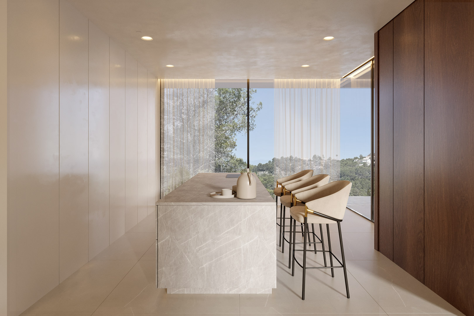 Minimalist kitchen featuring a stone island, designer bar stools, and floor-to-ceiling windows overlooking the Mediterranean landscape.