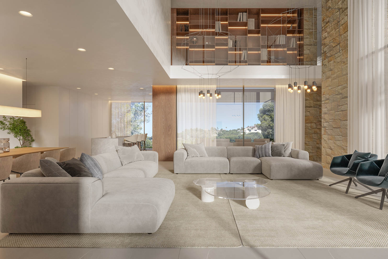 Open-concept living area featuring double-height ceilings, a natural stone accent wall, and floor-to-ceiling windows. Includes contemporary seating and integrated backlit shelving.