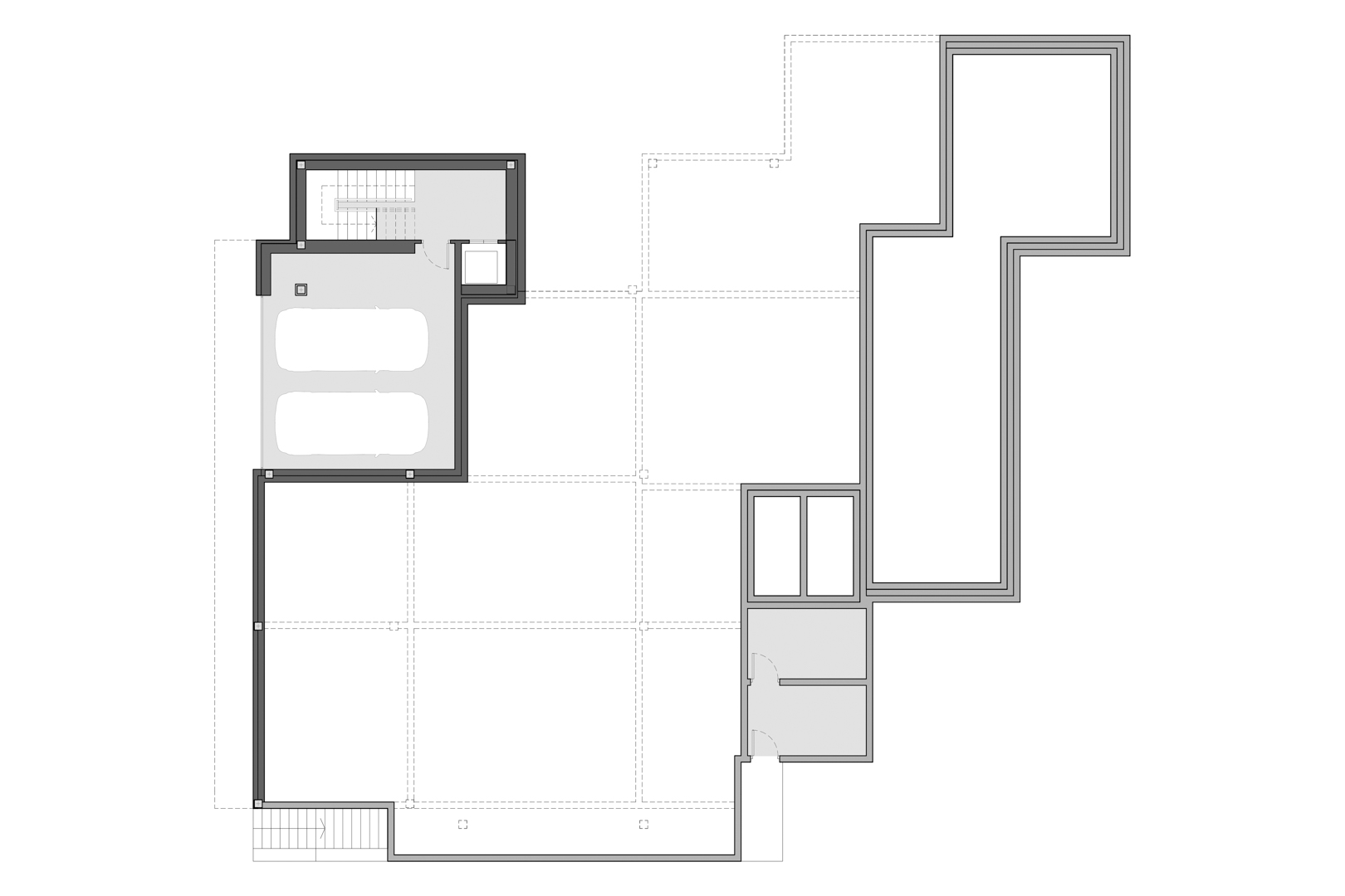 Technical floor plan of the basement level featuring a double garage, staircase, elevator access, and various utility or storage rooms.
