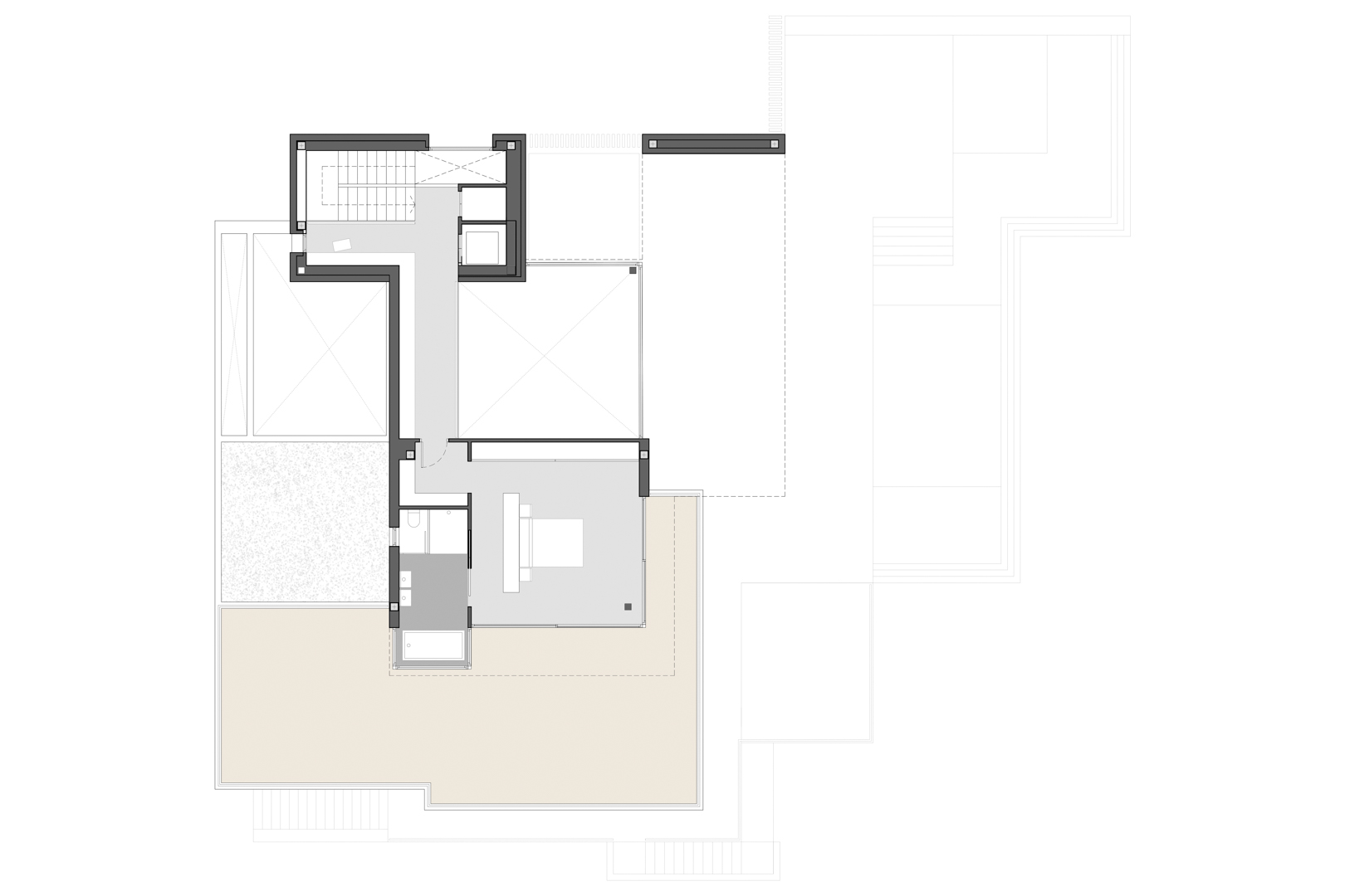 Technical floor plan of the upper level showing the master suite with en-suite bathroom and an expansive L-shaped terrace for panoramic views.