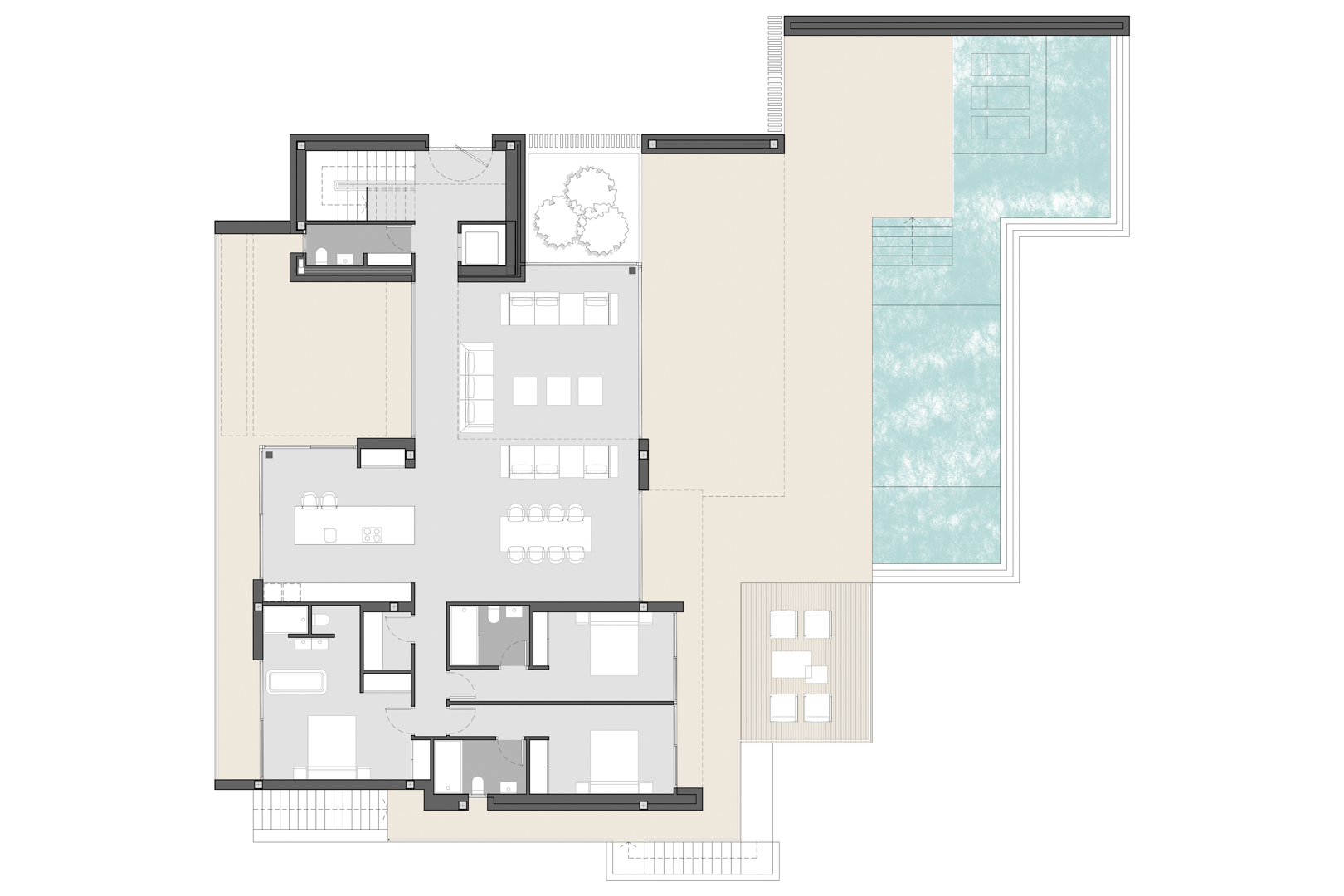 Technical ground floor plan detailing the open-plan living area, kitchen island, three bedrooms, and the outdoor terrace with an infinity pool.