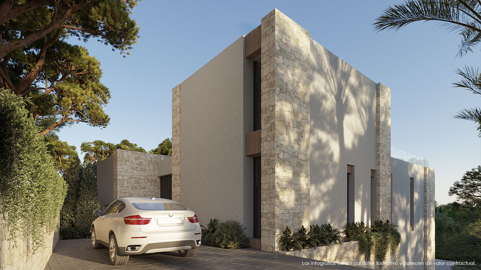 Exterior facade featuring natural stone pillars and smooth plaster, showcasing the paved driveway entrance bordered by mature pine trees and lush greenery.