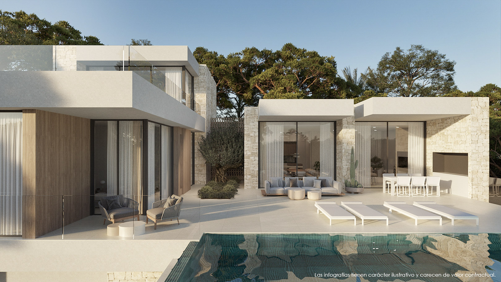Exterior view of the main terrace featuring a pool, natural stone walls, and minimalist glass doors. Includes outdoor lounge and dining areas set against a pine backdrop.