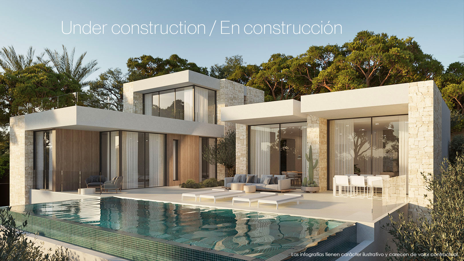 Exterior view of the villa featuring natural stone and wood facades, an infinity pool, and a spacious terrace surrounded by Mediterranean pine trees.