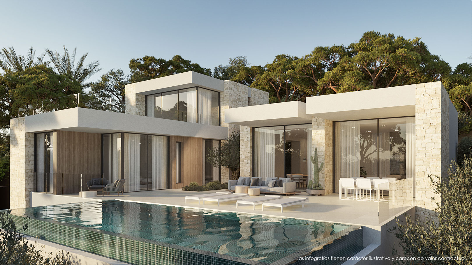 Modern exterior with natural stone and wood cladding, featuring an infinity pool and a large terrace with lounge and dining areas amidst pine trees.