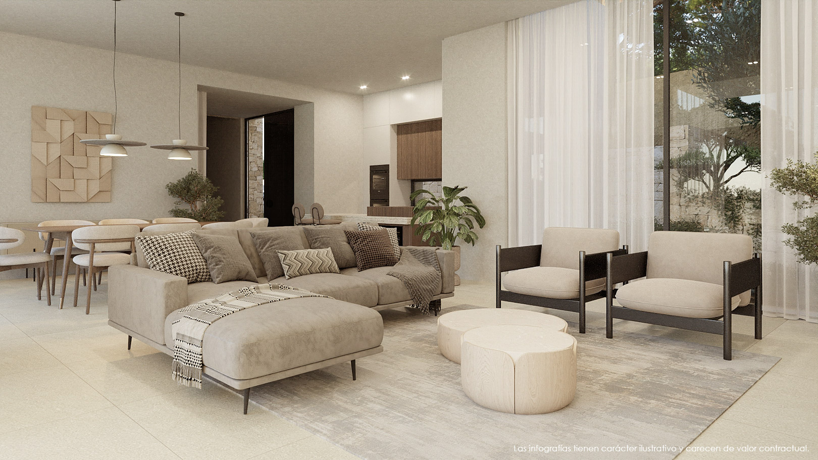 Open-concept living area featuring contemporary neutral-toned furniture, floor-to-ceiling windows with sheer drapes, and large-format porcelain flooring.