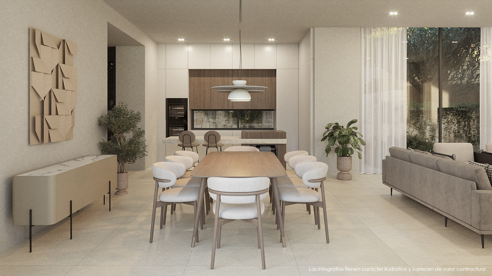 Open-plan living area featuring a wooden dining set, a minimalist kitchen with integrated appliances, and floor-to-ceiling windows that blend indoor and outdoor spaces.
