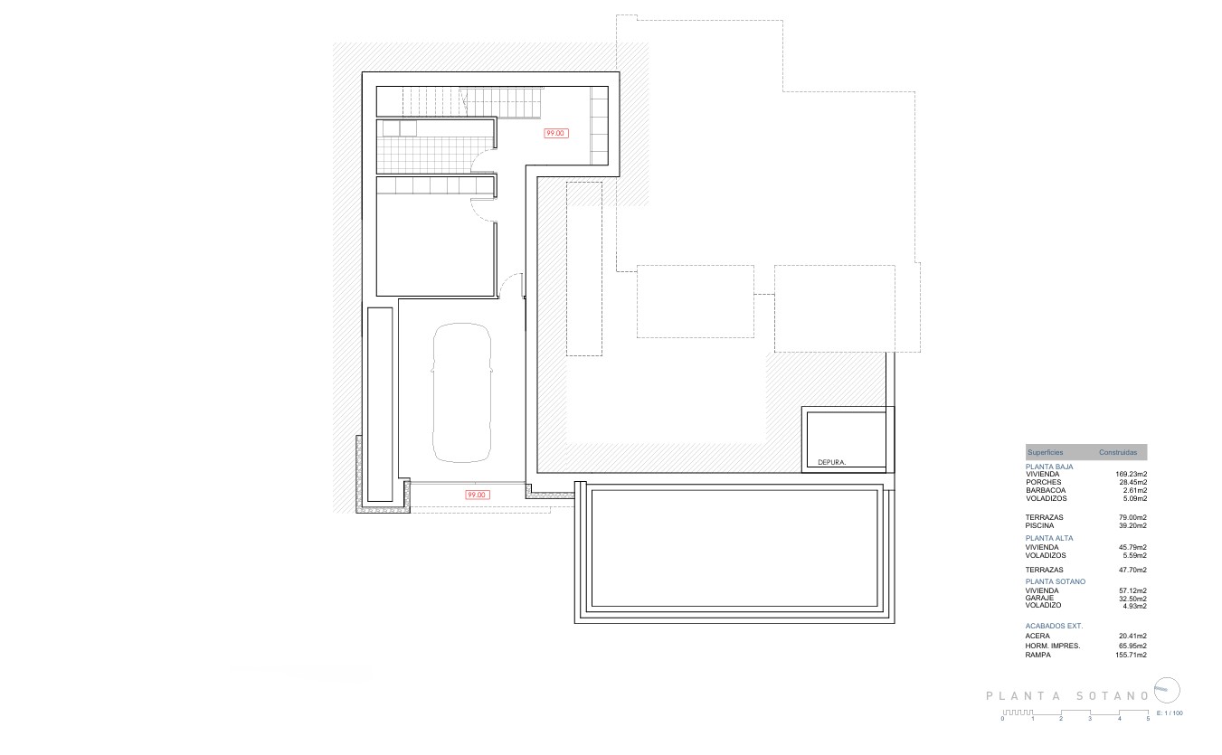 Technical floor plan of the basement level, showing the private garage, technical room, and laundry area, including a detailed surface area schedule.