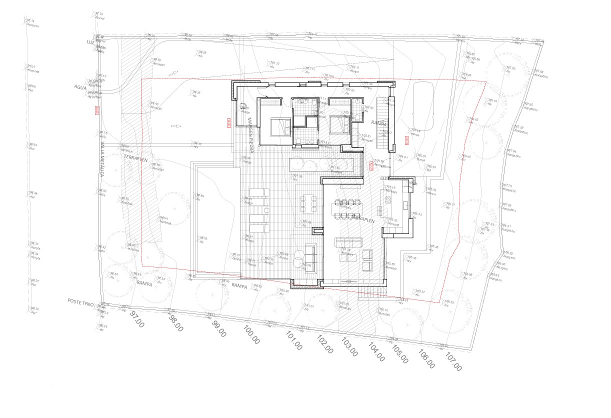 Technical floor plan of the main level detailing the open-plan living area, kitchen, en-suite bedrooms, and the extensive outdoor terrace with swimming pool.