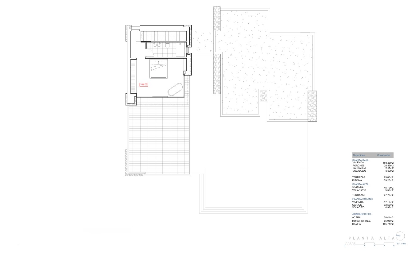 Technical floor plan of the upper level featuring the master suite with an integrated bathroom and a spacious private terrace area.