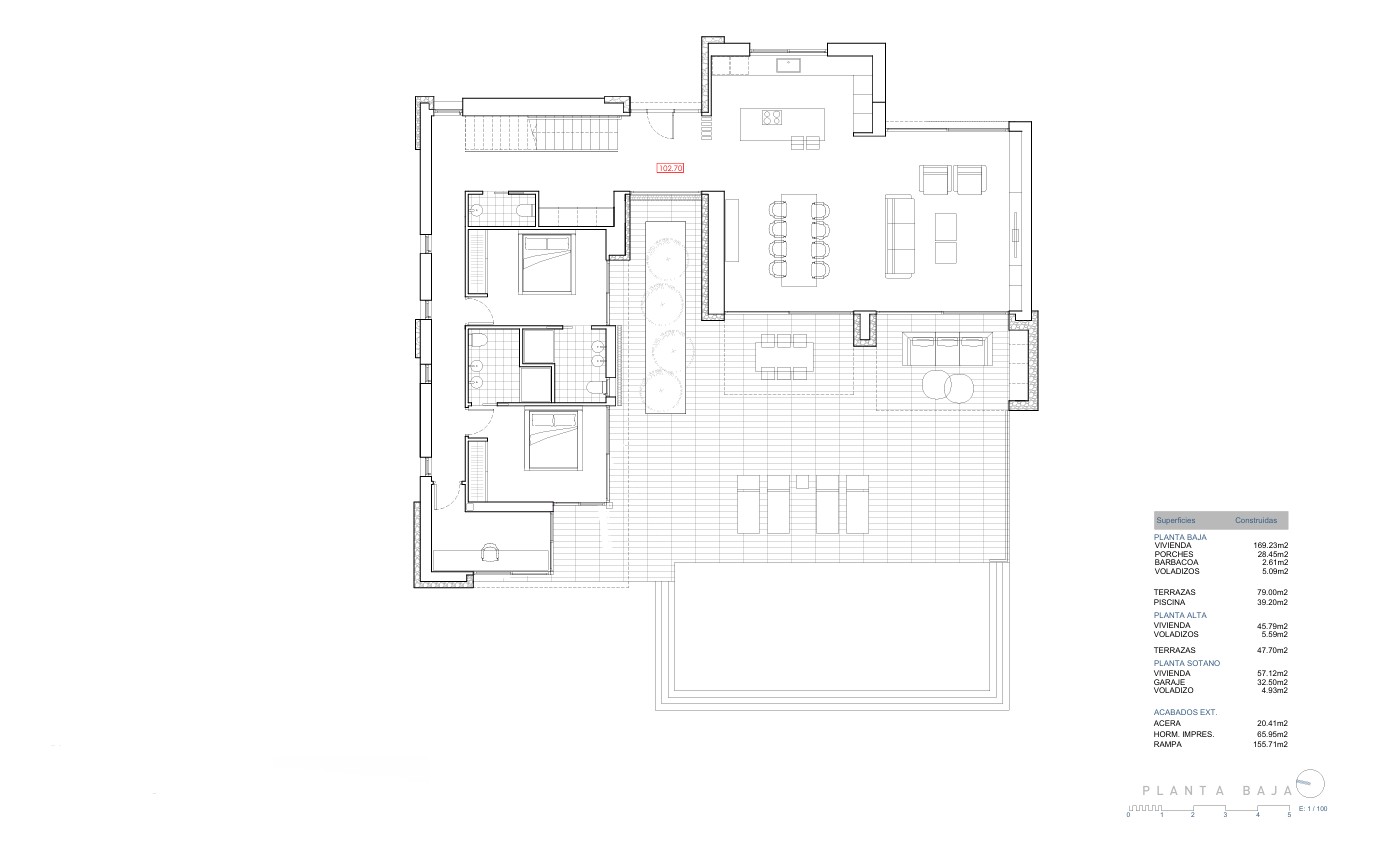 Technical ground floor plan featuring an open-plan living area, kitchen with island, two en-suite bedrooms, and a large terrace with an integrated pool.