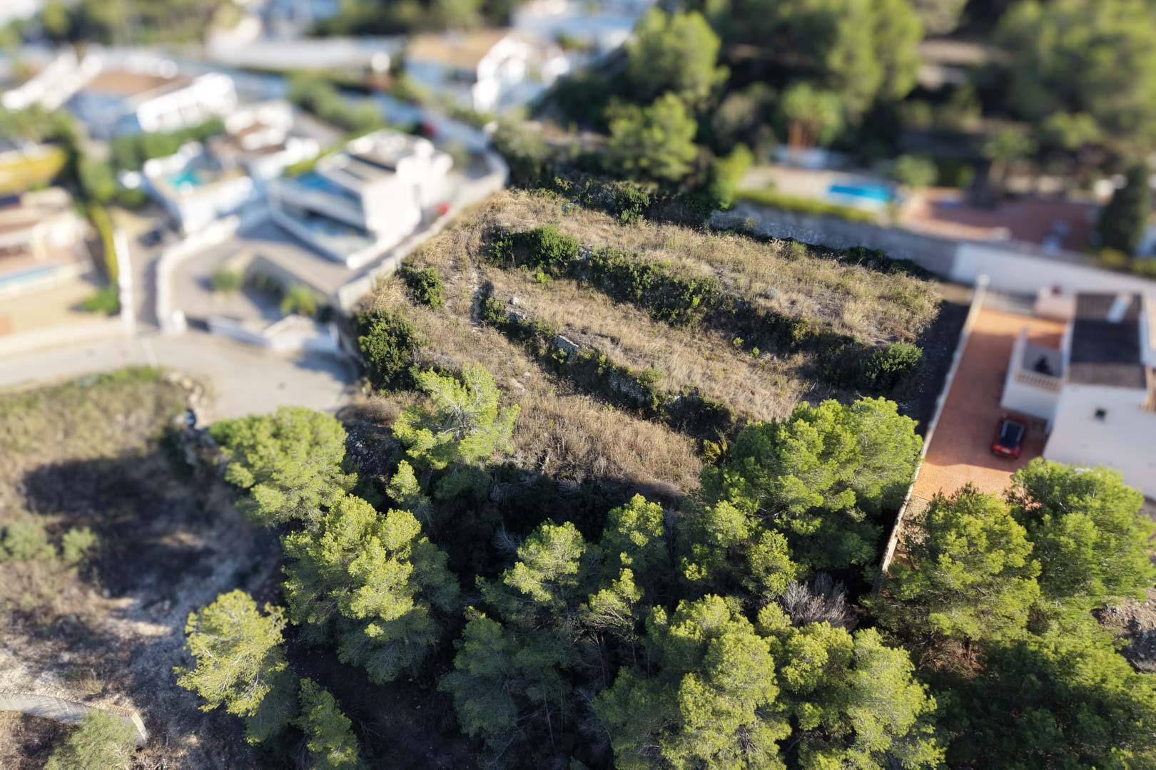 Aerial view of the terraced urban plot in Moraira, featuring stone-walled levels, Mediterranean pine trees, and proximity to residential villas.