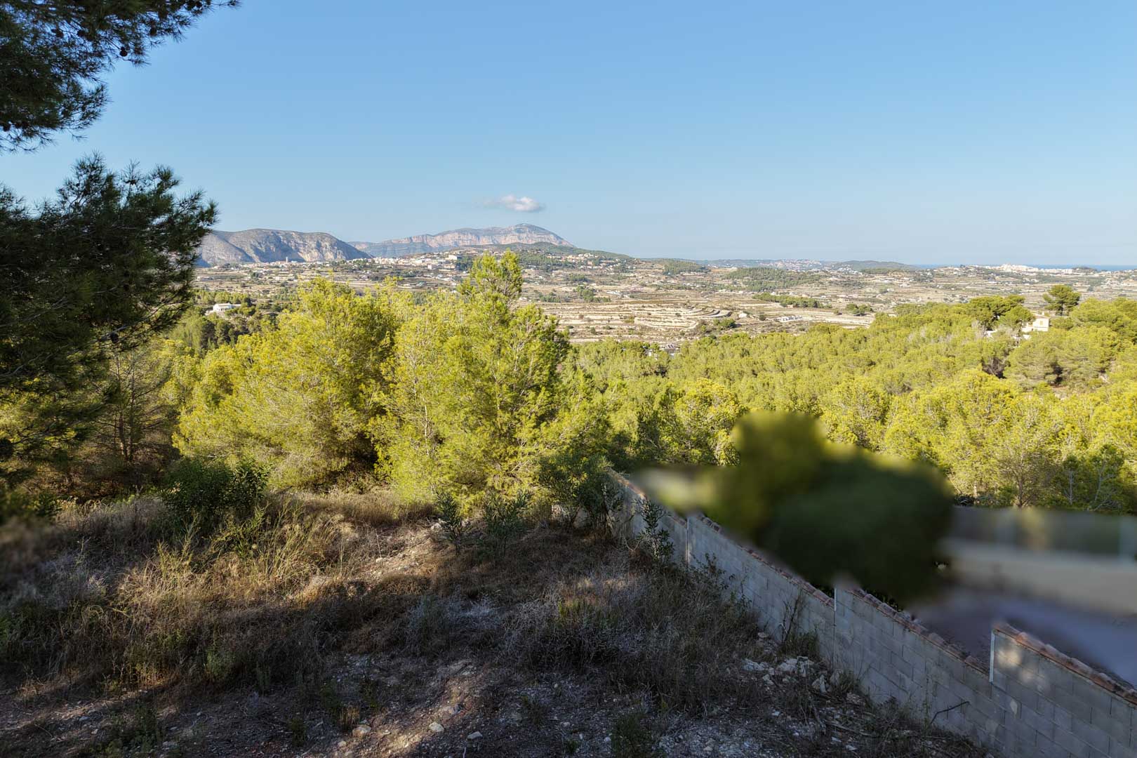 Elevated panoramic view from the plot overlooking the Moraira valley, featuring native pine forests and distant mountain ranges under a clear blue sky.