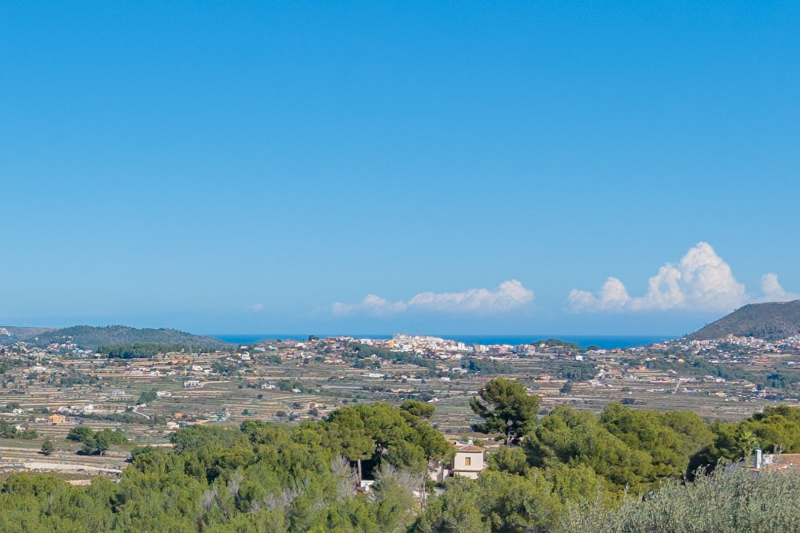 Panoramic view from the plot in Benimeit, featuring terraced hillsides, Mediterranean pine forests, and distant sea views under a clear blue sky.