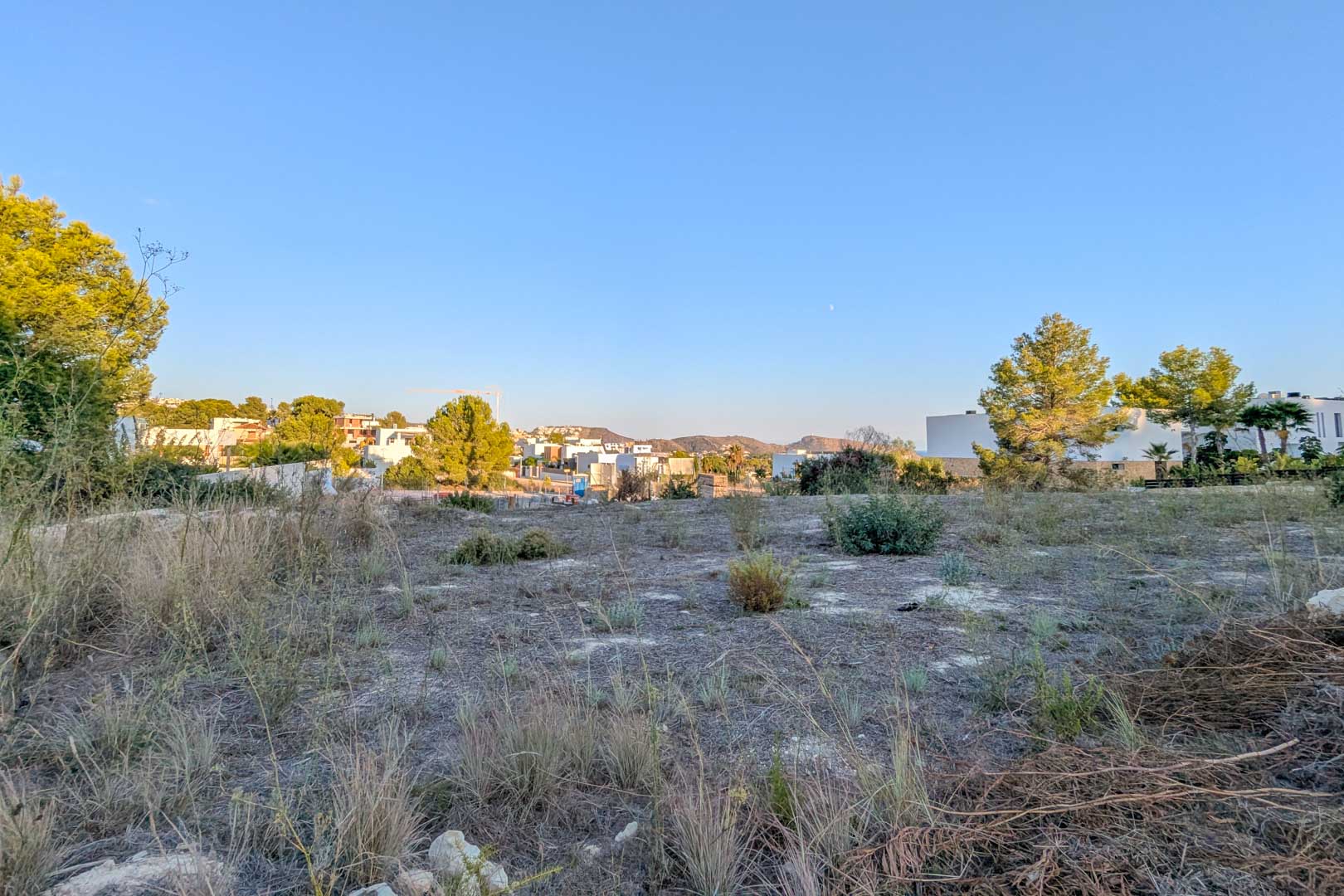 Panoramic view of the flat urban plot in El Tesoro, featuring native vegetation and views of contemporary white villas and distant hills.