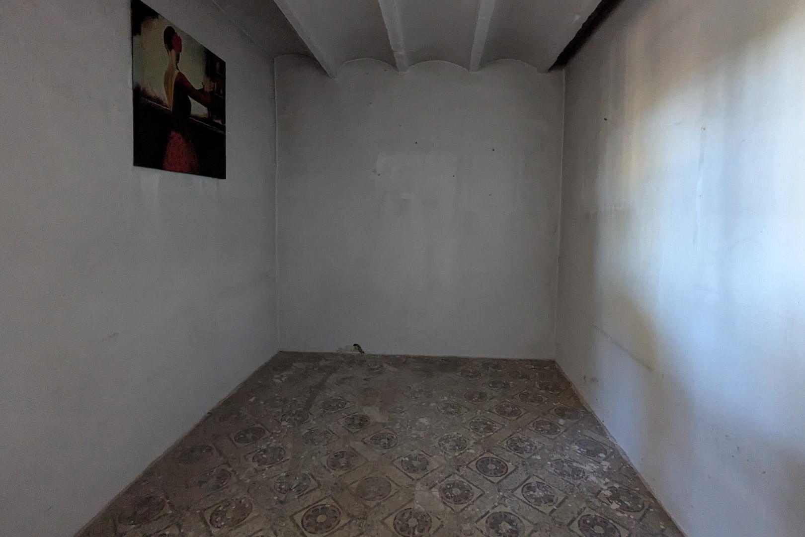 Interior room featuring traditional patterned hydraulic floor tiles and a beamed ceiling. White-washed walls and natural light define this authentic rustic space awaiting renovation.