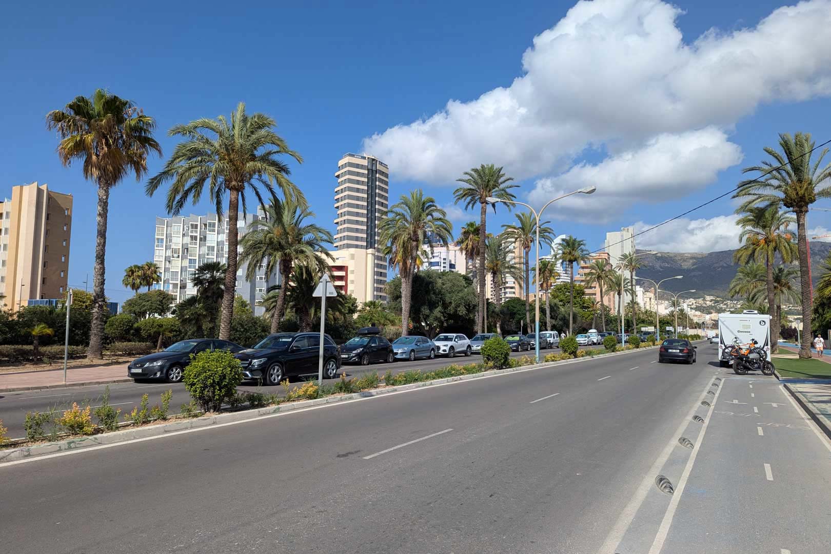 Coastal avenue featuring a dedicated bike lane, palm trees, and high-rise residential buildings set against a mountain backdrop.