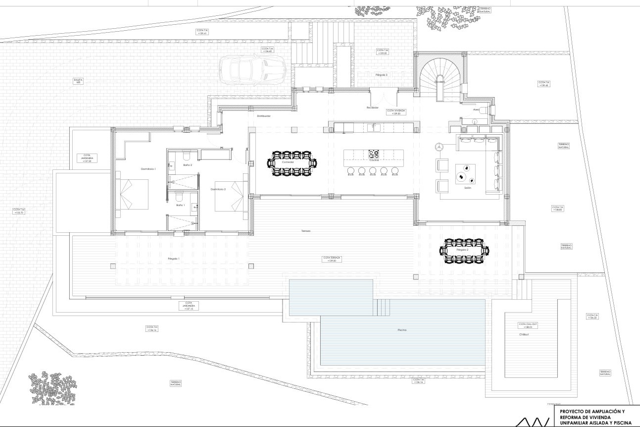 Detailed floor plan of the ground floor illustrating the open-plan kitchen, living area, two en-suite bedrooms, and the extensive terrace with an infinity pool.