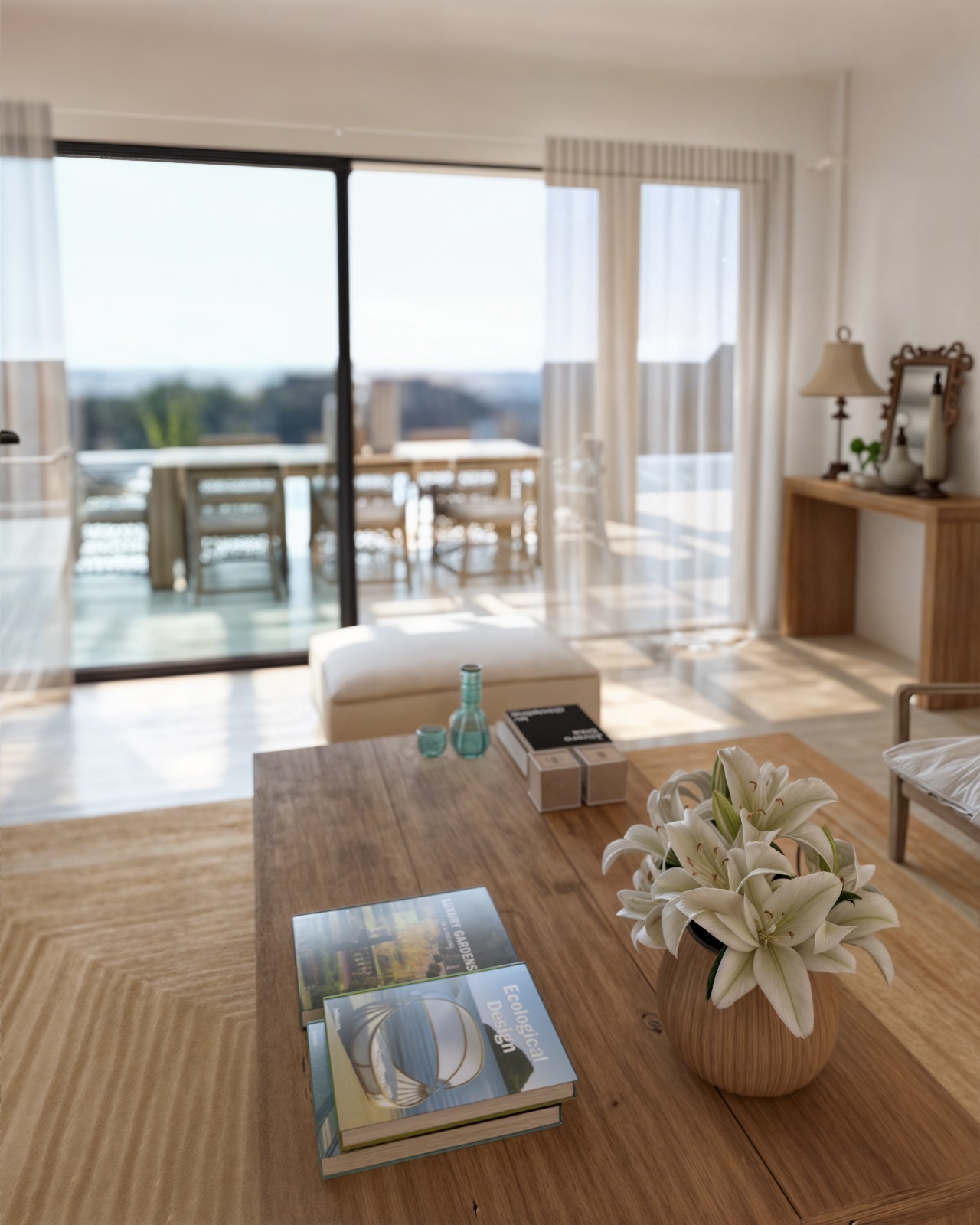 Ibicencan-style living room featuring a natural wood coffee table and large TECHNAL sliding doors connecting the interior to a terrace with sea views.