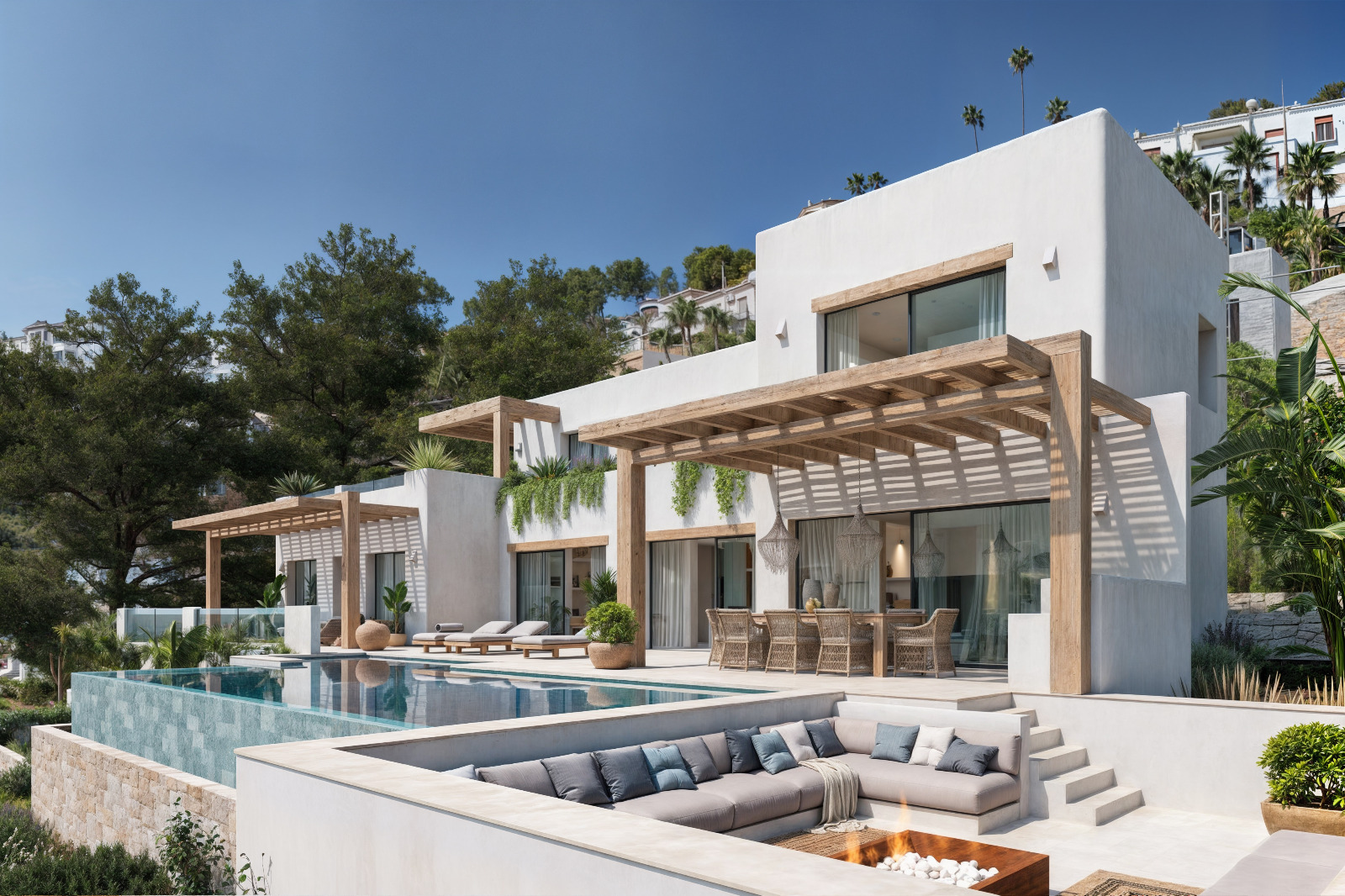 Ibizan-style villa exterior featuring white plastered walls, wooden pergolas, an infinity pool, and a sunken lounge area with an integrated fire pit.