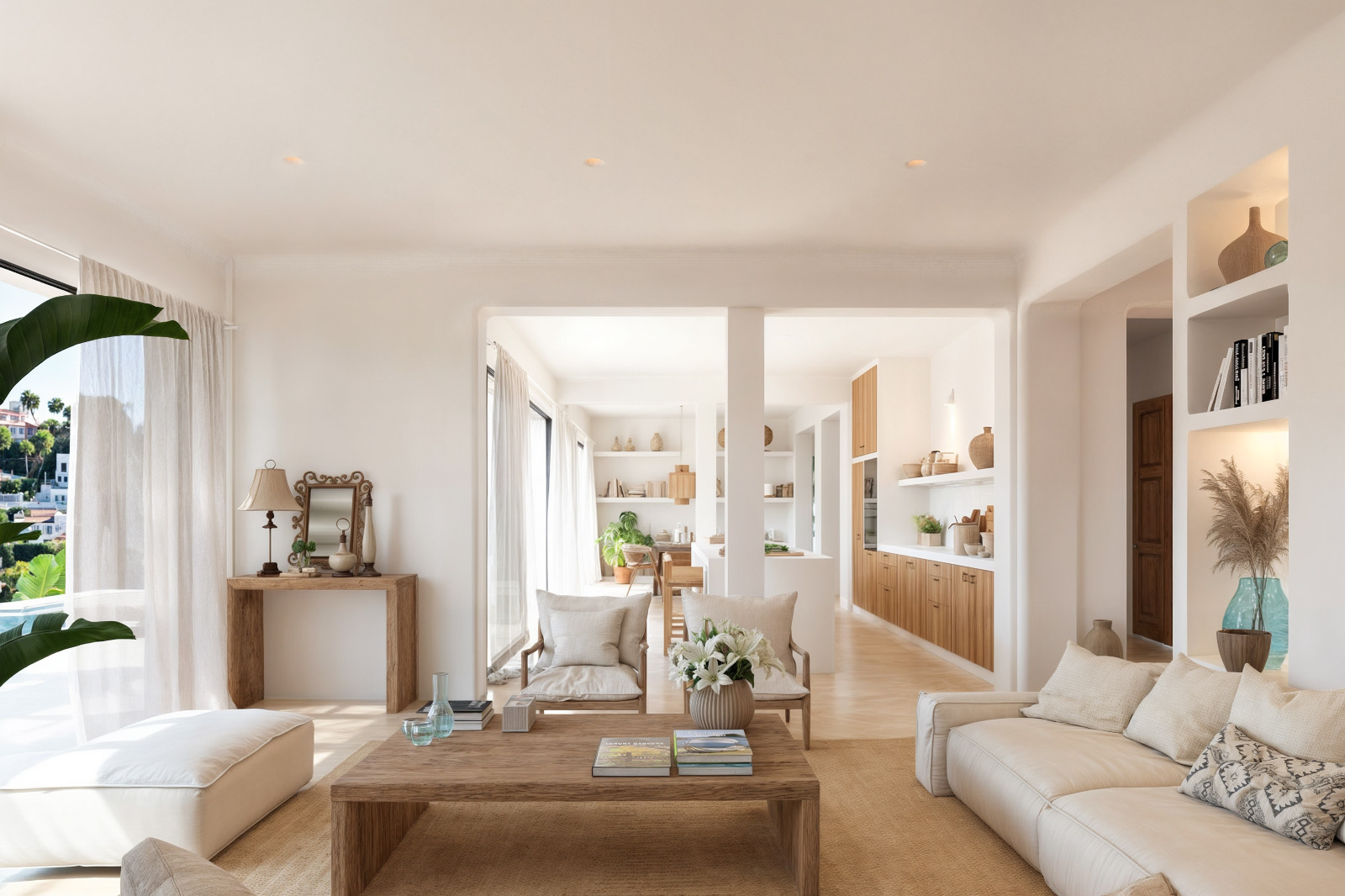 Open-plan living area featuring white plastered walls, natural wood furniture, and built-in shelving. The space flows into the kitchen and dining area under soft recessed lighting.