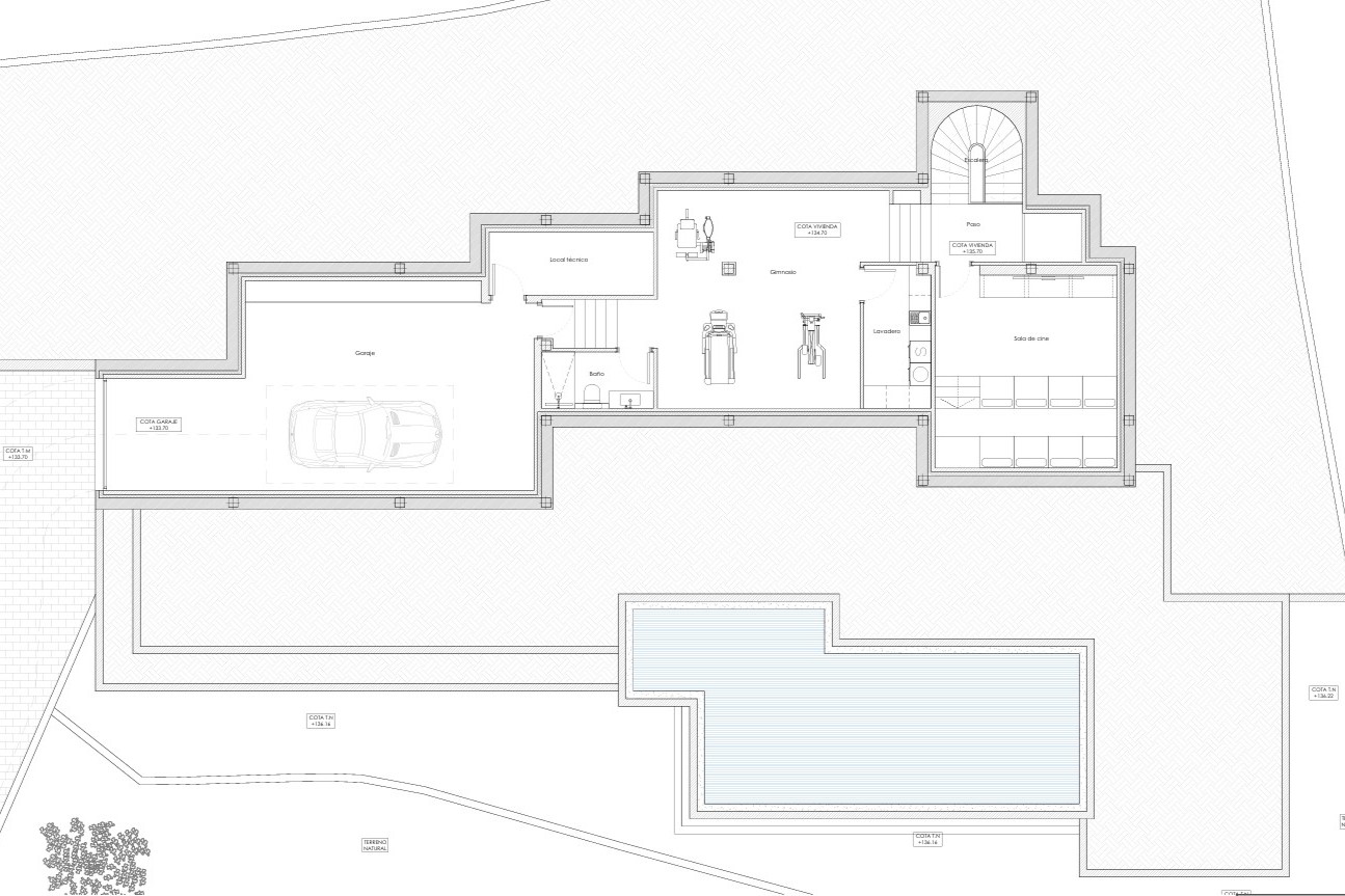 Technical floor plan of the basement level illustrating the layout for the garage, gym, home cinema, laundry room, and additional bathroom.