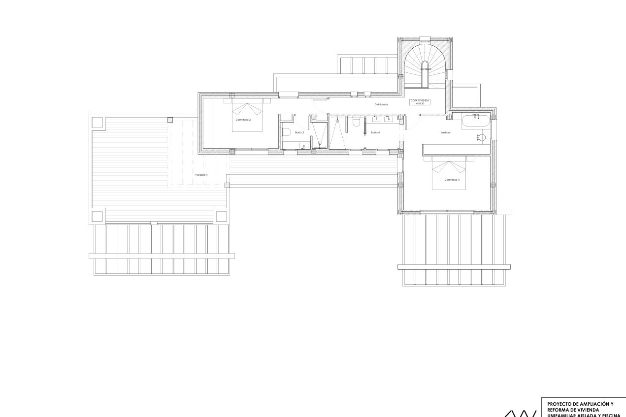 Technical floor plan of the upper level showing the master suite with dressing room, guest bedroom, en-suite bathrooms, and large terraces with pergolas.