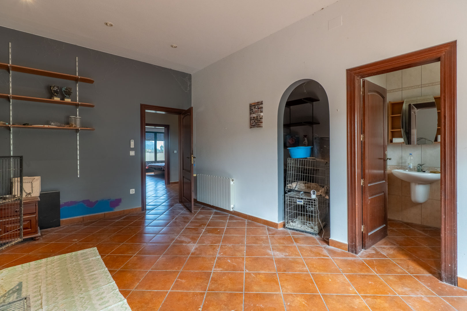 Hallway featuring terracotta tile flooring, grey accent wall, and wooden doors leading to a bathroom and a storage area through a distinctive arched entryway.