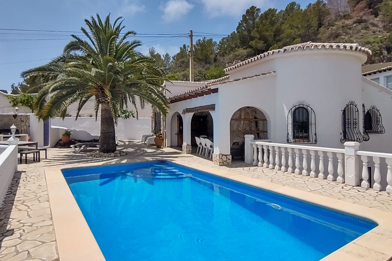 Exterior view of the rectangular pool and flagstone terrace, featuring the white-washed villa with traditional arches, wrought iron window bars, and a large palm tree.