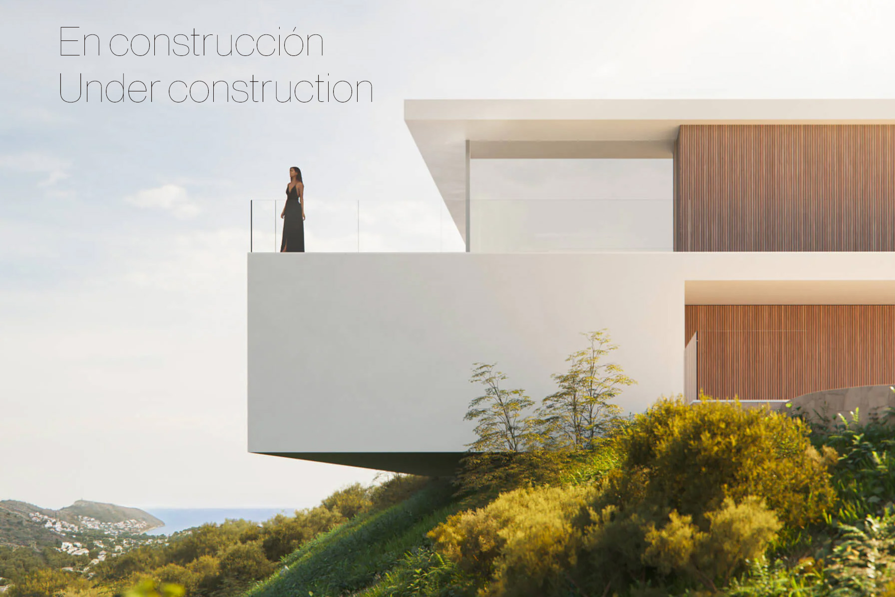 Avant-garde architectural facade featuring a cantilevered terrace with glass railings and wood paneling, overlooking the Mediterranean coastline.