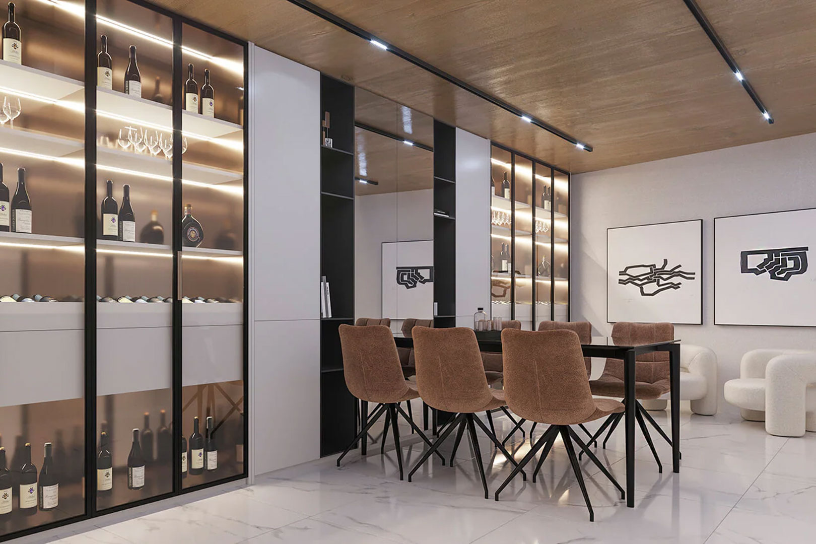 Designer wine cellar featuring backlit glass cabinets, a minimalist dining set, and marble flooring. The wood-paneled ceiling includes integrated track lighting.