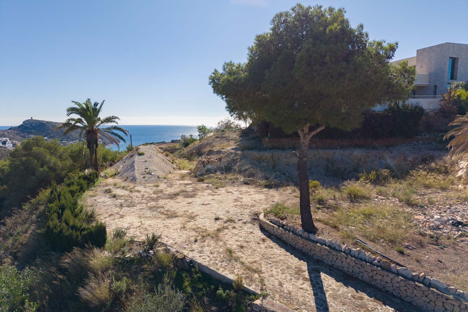 Exterior view of the plot featuring a natural stone path, mature pine and palm trees, and panoramic views of the Mediterranean Sea.